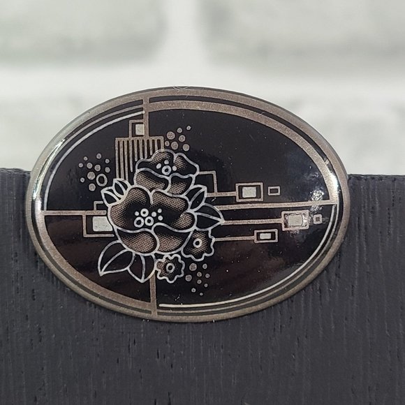 Vintage Michaela Frey Brooch Signed Oval Enamel Black Silver Floral Art Deco - Picture 8 of 9